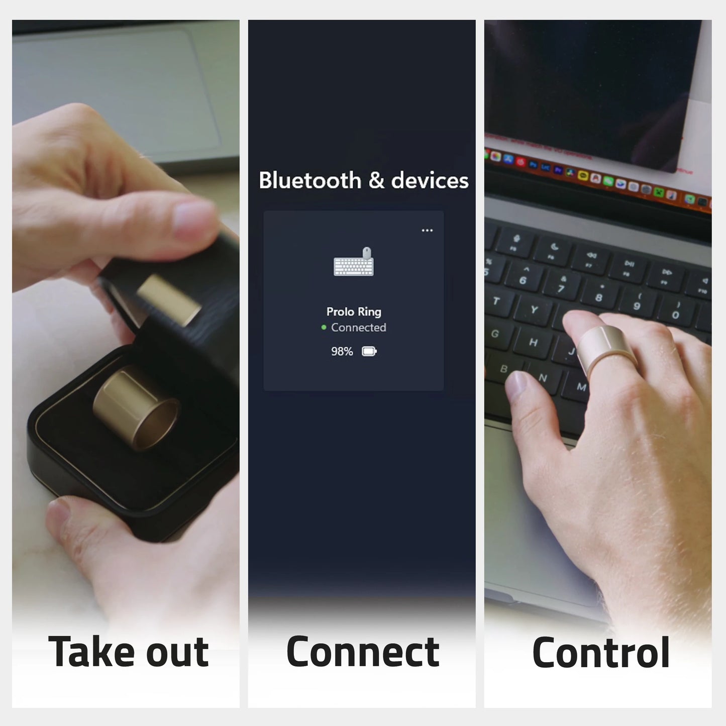 Step-by-step guide on using a device with 'Take out', 'Connect', and 'Control' labels.